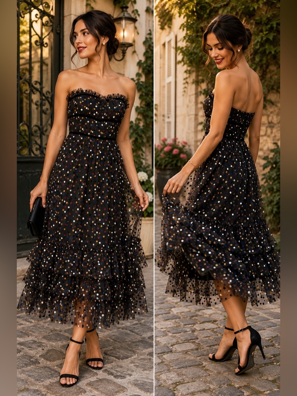 Eva Franco Anthro Graciela Polka Dot Strapless Tiered Midi Dress 8 Dopamine